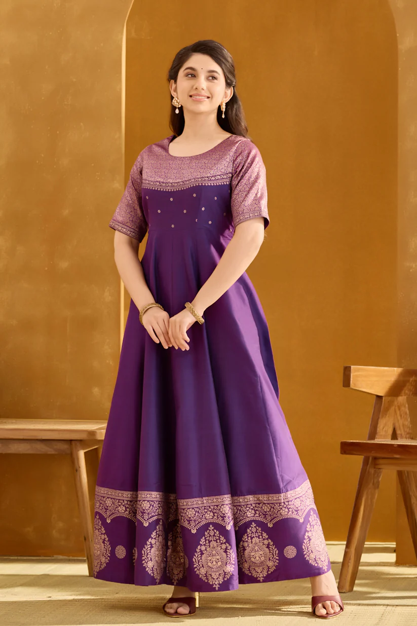 Purple Anarkali with Brocade Design On Sleeves & Yoke & Golden Printed Border